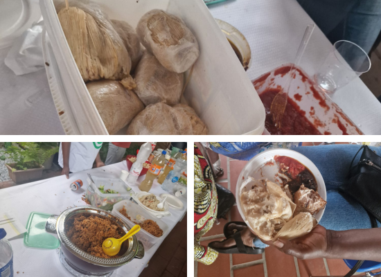 Piatti tradizionali preparati dalle famiglie del doposcuola per il buffet internazionale durante la festa finale.