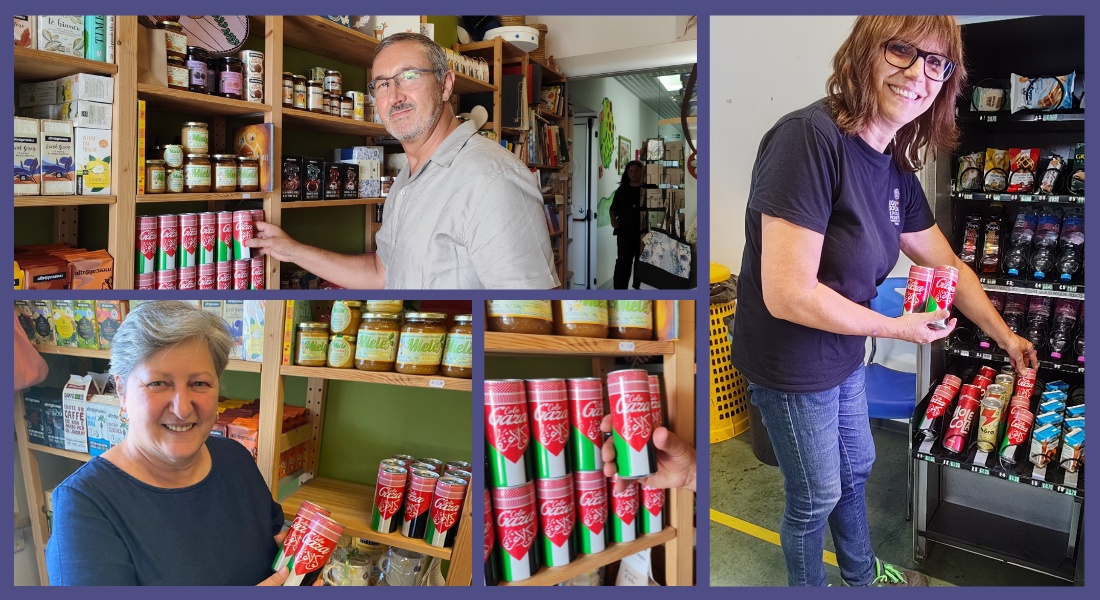 Collage con il presidente della Cooperativa, una volontaria e una operatrice di Equosolda che mostrano le lattine di Gaza Cola sugli scaffali della Bottega della Solidarietà e nel distributore automatico.automatico.
