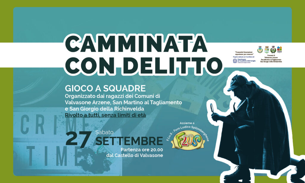 Locandina evento "Camminata con delitto" a Valvasone, gioco a squadre aperto a tutte le età, sabato 27 settembre.