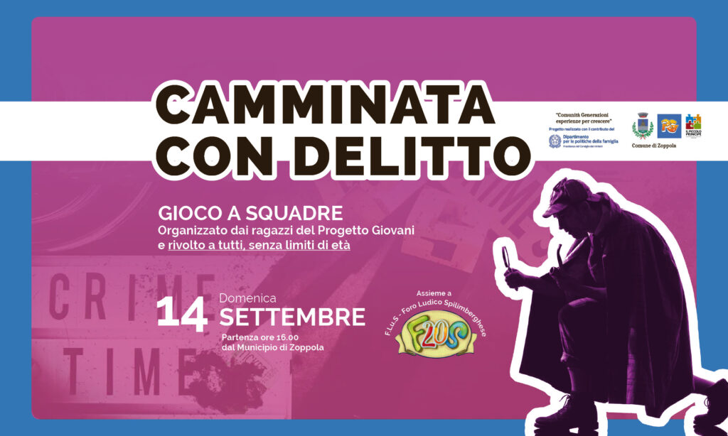 Locandina evento "Camminata con delitto" a Zoppola, gioco a squadre aperto a tutte le età, domenica 14 settembre.
